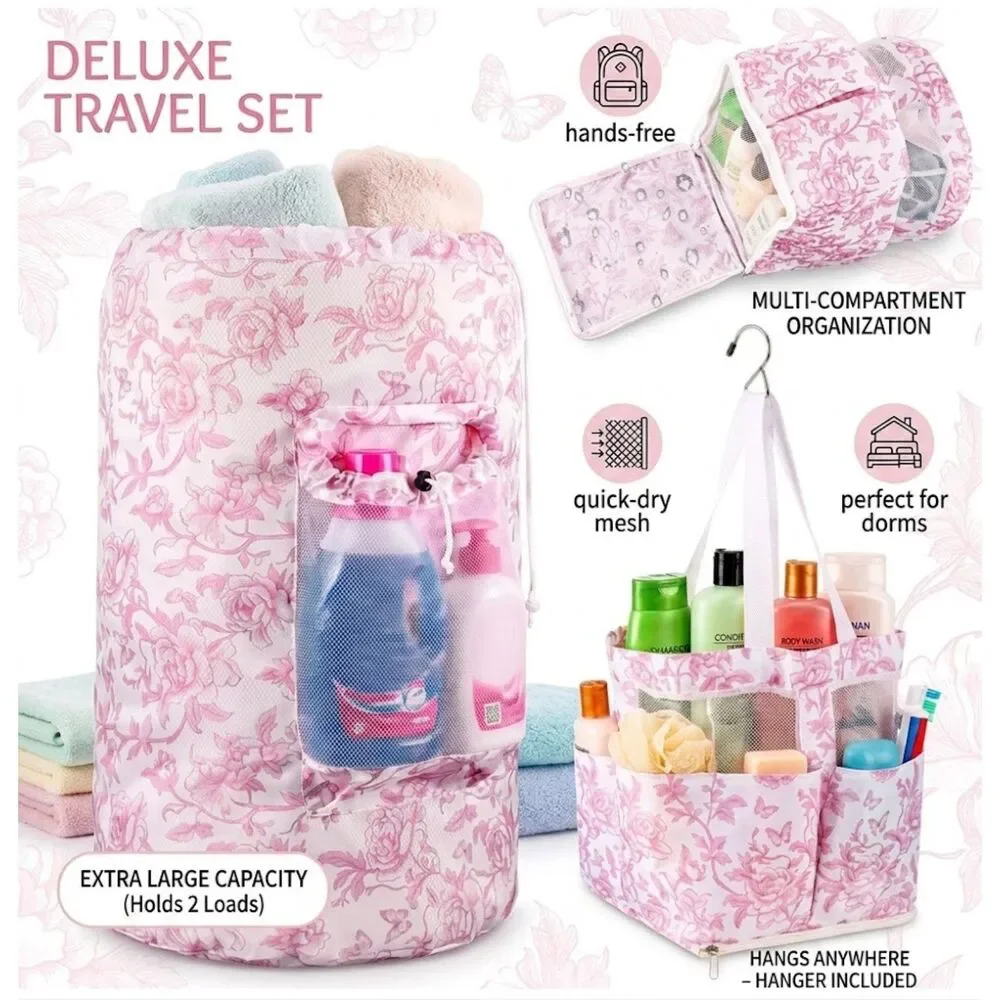 2 Pcs Laundry Backpack & Shower Caddy Set - Pink Dorm Travel Organizers
